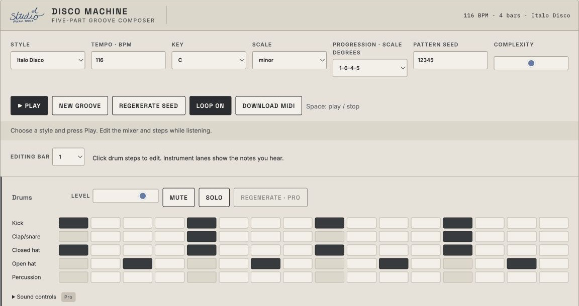 Actual Disco Machine interface with SMT logo, groove controls and editable drum sequencer