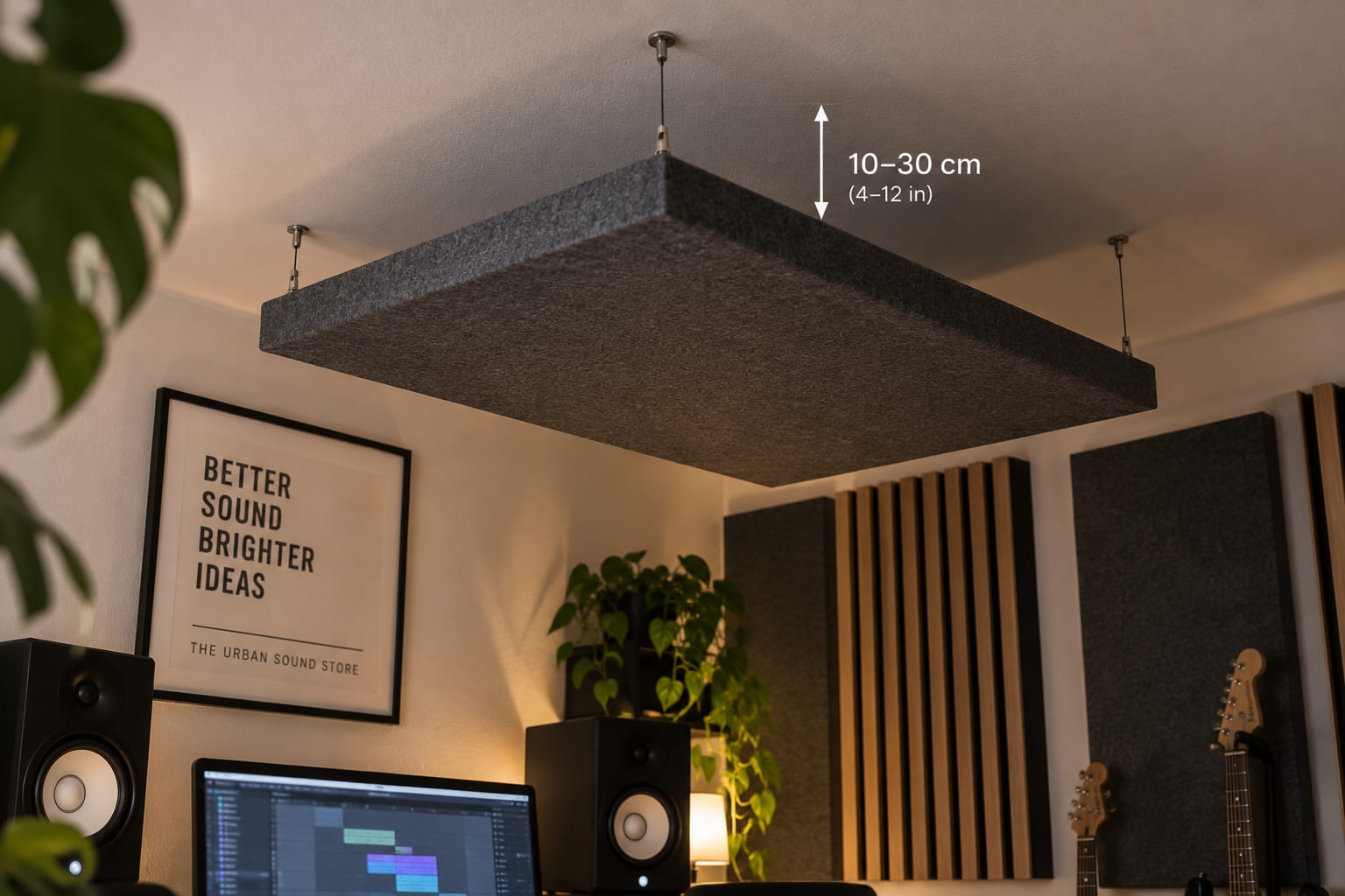 A ceiling cloud absorber installed with clearance from the ceiling