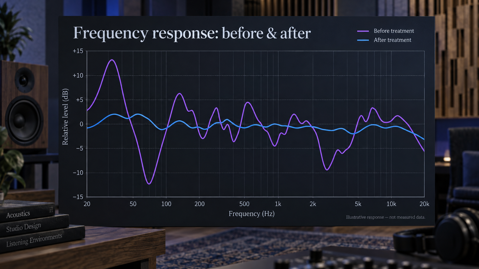 Illustrative frequency-response curves before and after acoustic treatment.