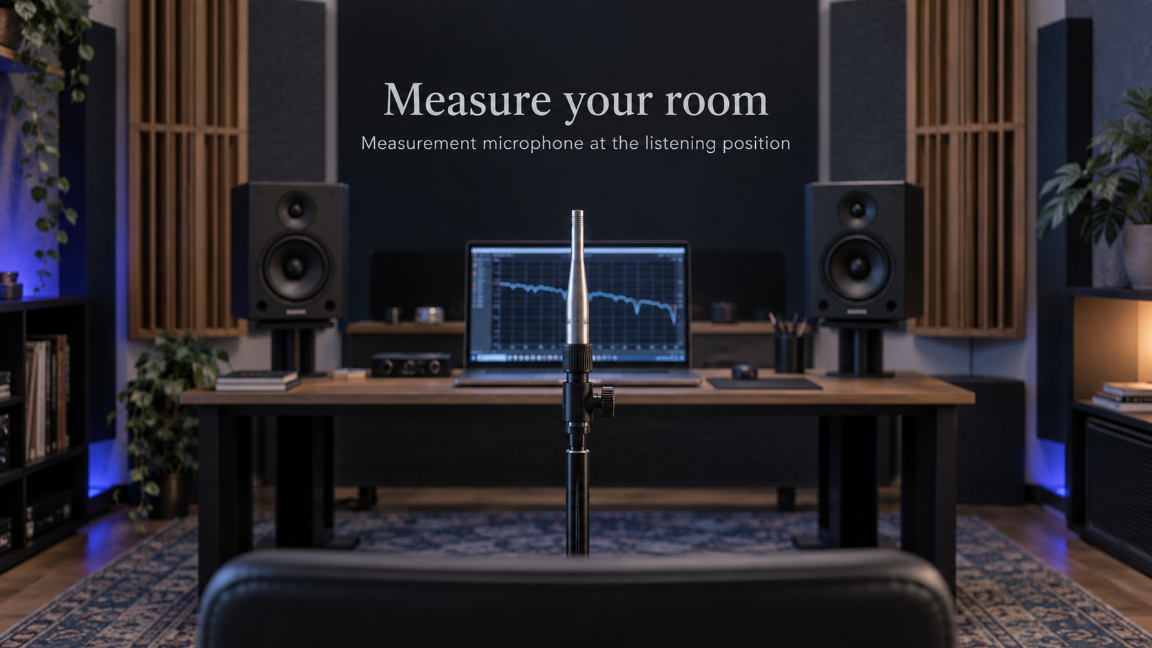 Measurement microphone in a studio with analysis software.