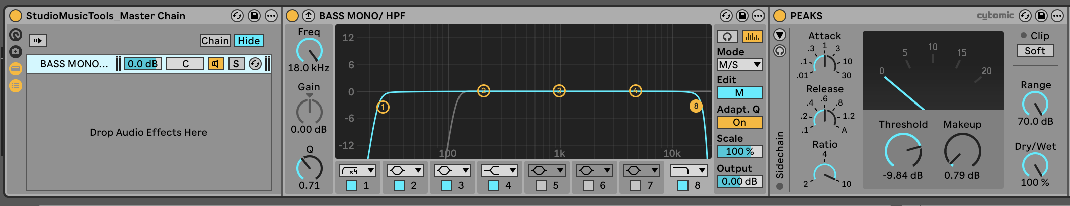 Screenshot of the Master Chain Ableton Live Audio Effect Rack: the rack header with the Bass Mono / HPF filter and the Peaks compressor.
