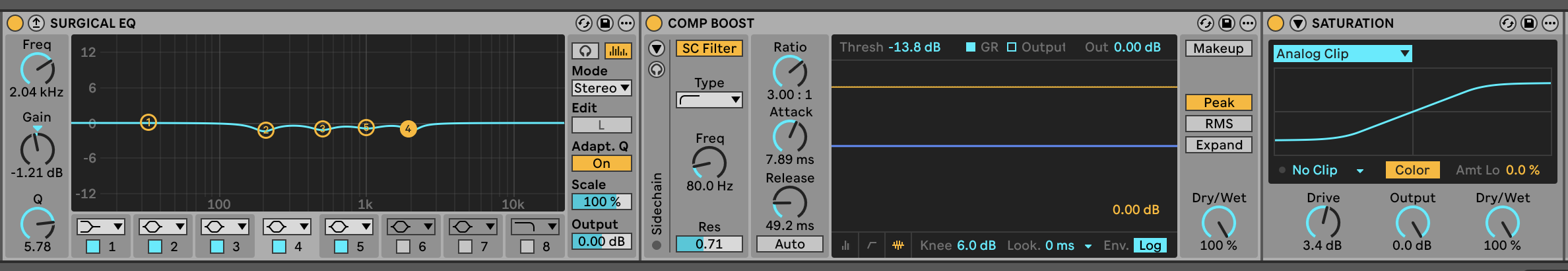 Screenshot of the Master Chain rack: Surgical EQ, Comp Boost compressor and Saturation devices.