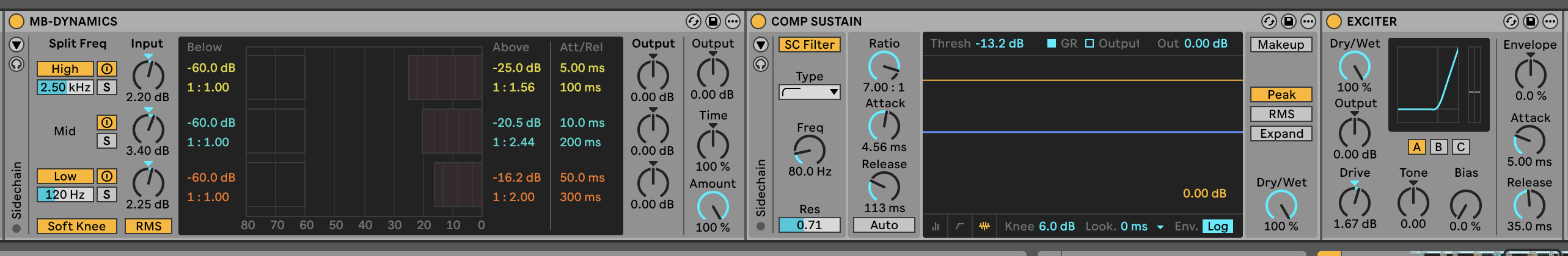Screenshot of the Master Chain rack: MB-Dynamics, Comp Sustain compressor and Exciter devices.
