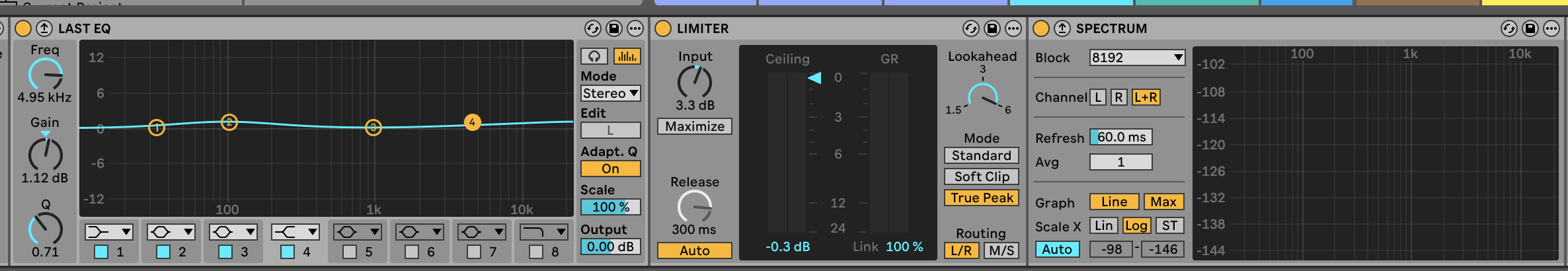 Screenshot of the Master Chain rack: Last EQ, Limiter and Spectrum analyser devices.