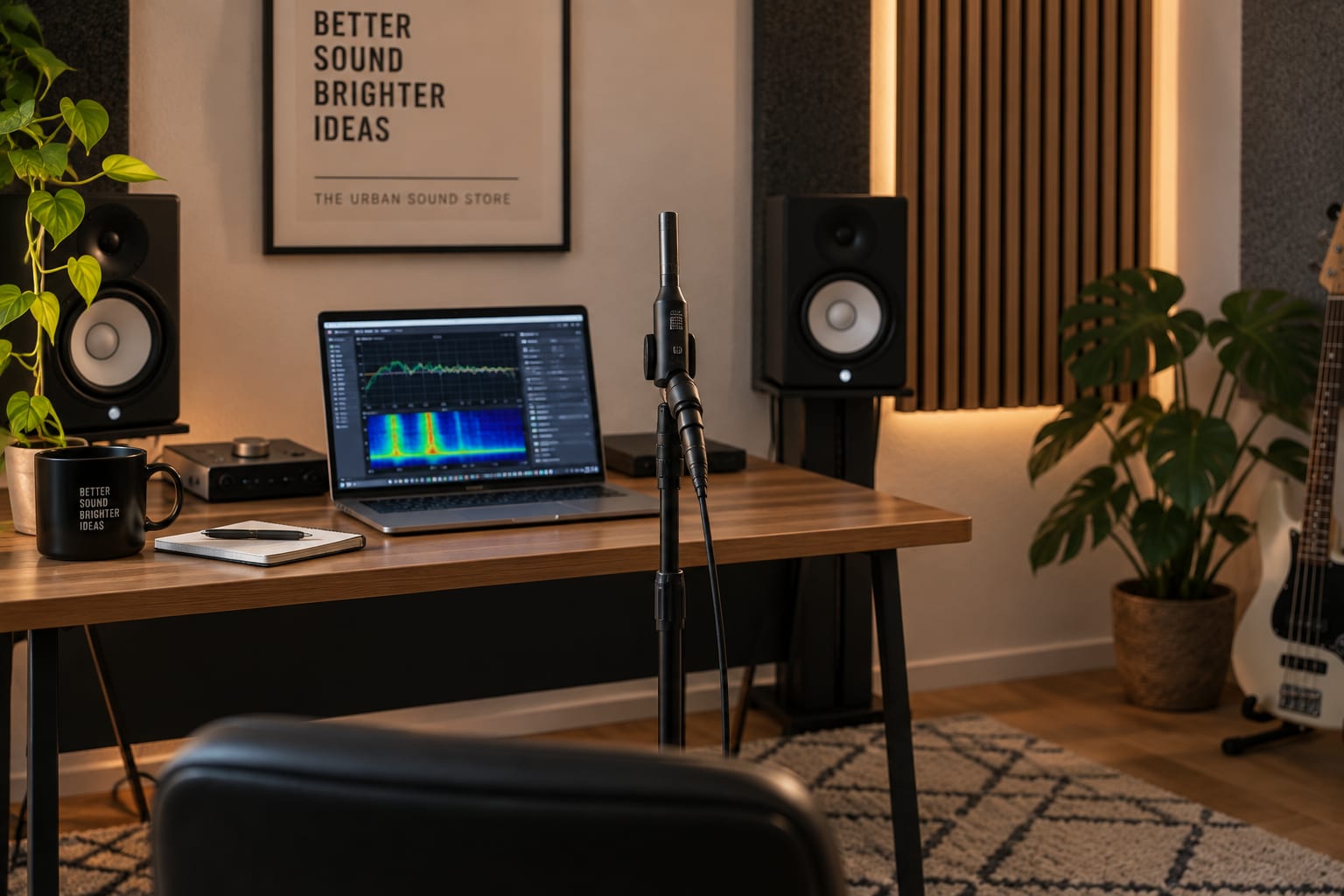 A measurement microphone and laptop set up at the listening position