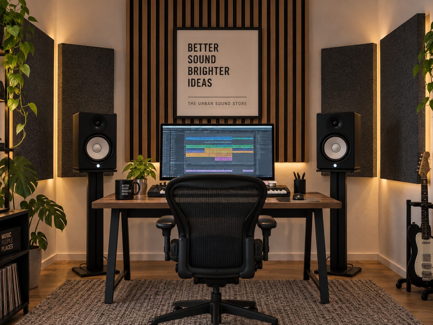 Studio monitors placed symmetrically with first-reflection panels