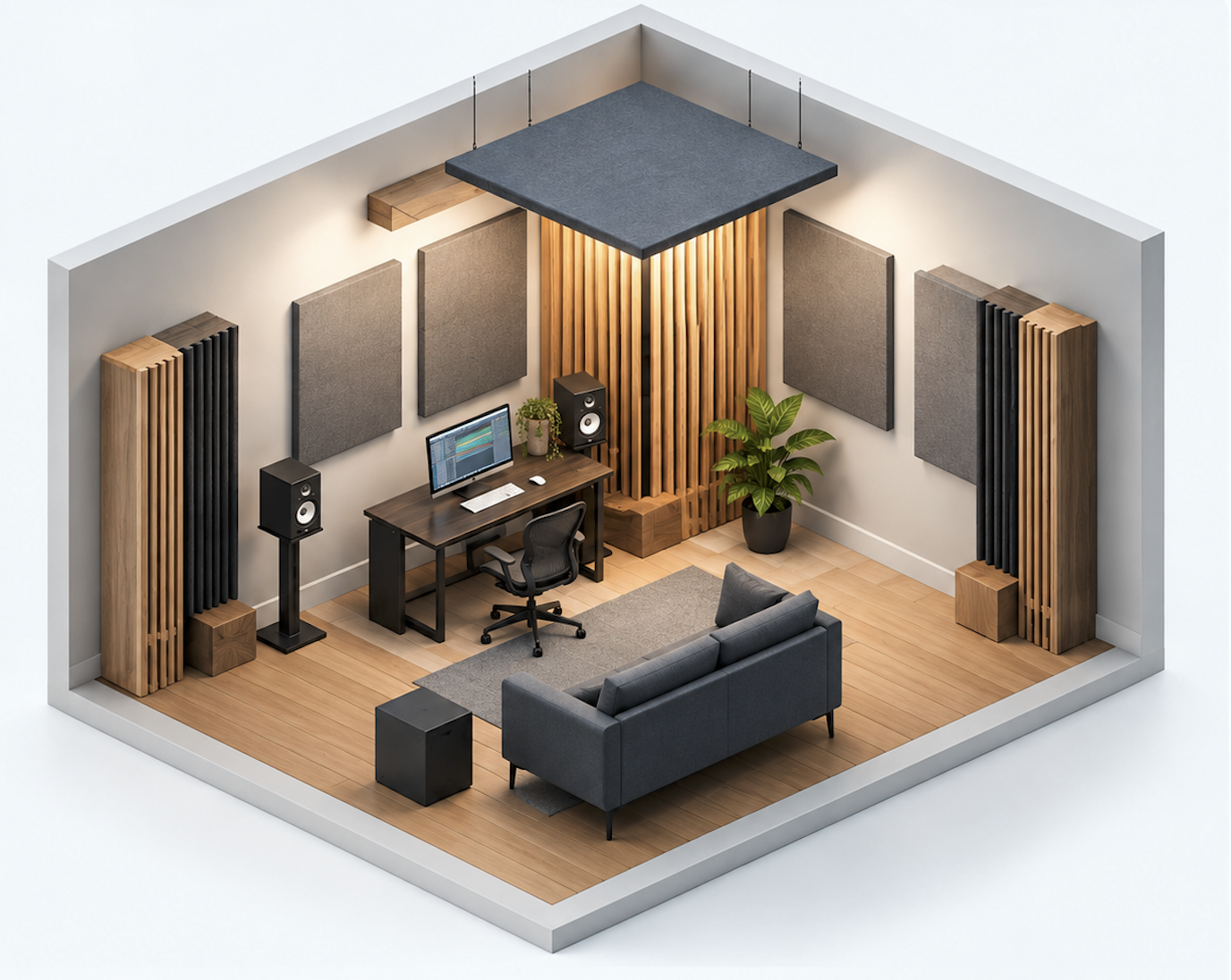 Isometric studio room with acoustic treatment placement