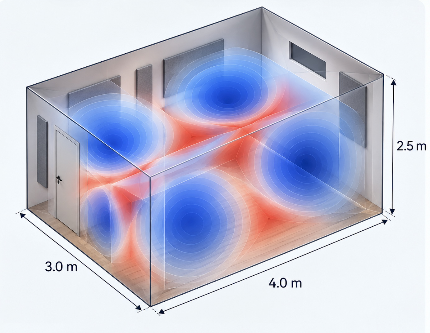Top-down room diagram showing overlapping standing-wave pressure zones between the walls