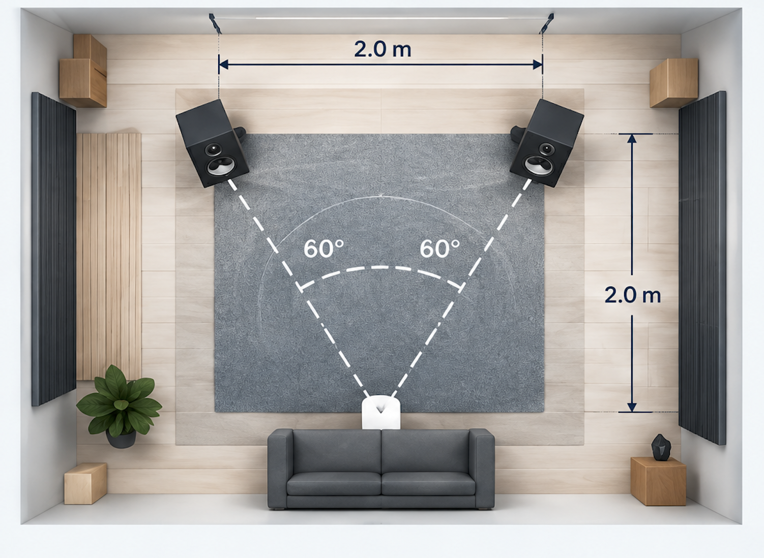 Top-down studio diagram showing two monitors, the listening position, and a 60-degree equilateral triangle